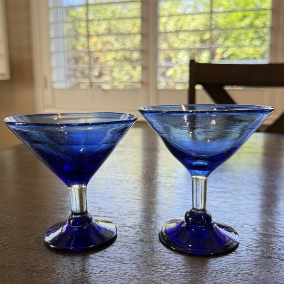 Set of 4 Hand Blown Cobalt Blue Martini / Cocktail Glasses – Clear Stem, Vintage - Picture 14 of 16